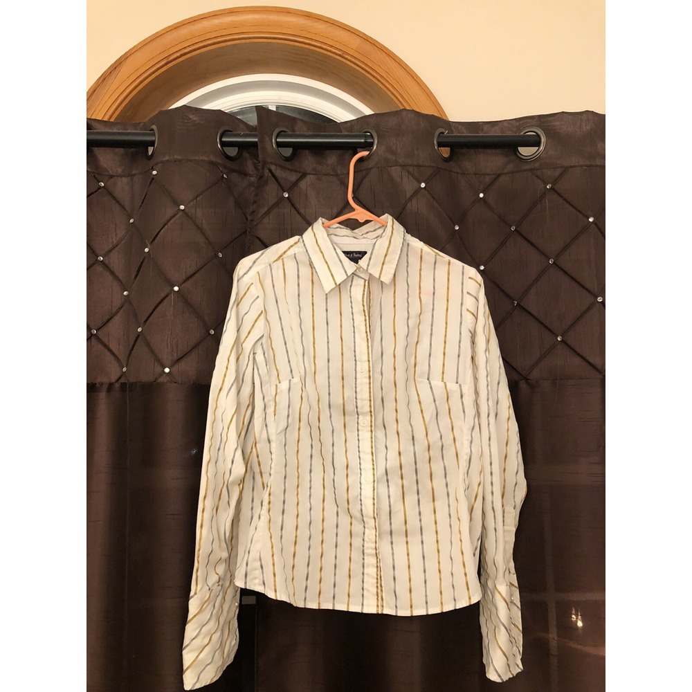 Blouse Women's Large Steve Barry's Gold Blue Striped Button Down Steve & Barry's